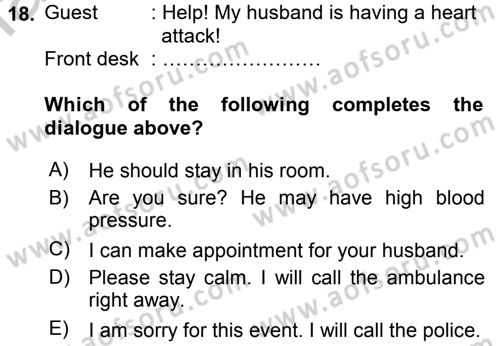 Turizm İçin İngilizce 1 Dersi 2016 - 2017 Yılı 3 Ders Sınav Soruları 18. Soru