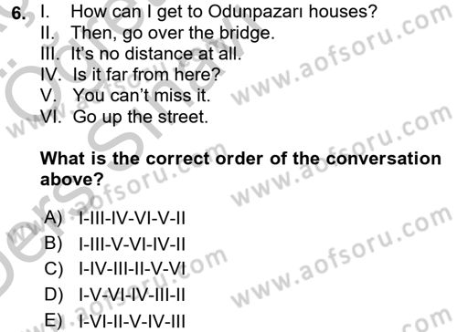 Turizm İçin İngilizce 1 Dersi 2016 - 2017 Yılı 3 Ders Sınav Soruları 6. Soru