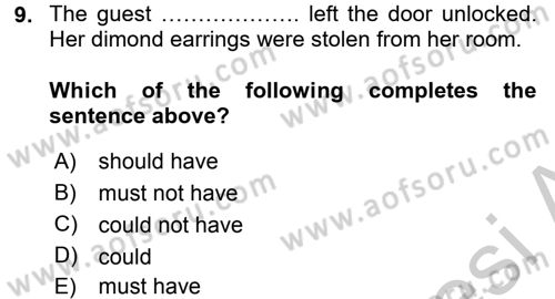 Turizm İçin İngilizce 1 Dersi 2016 - 2017 Yılı 3 Ders Sınav Soruları 9. Soru