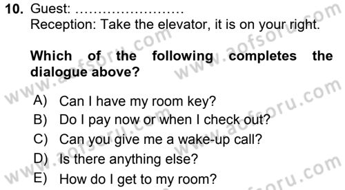 Turizm İçin İngilizce 1 Dersi Ara Sınavı Deneme Sınav Soruları 10. Soru