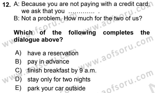Turizm İçin İngilizce 1 Dersi Ara Sınavı Deneme Sınav Soruları 12. Soru
