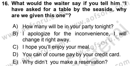 Turizm İçin İngilizce 1 Dersi Ara Sınavı Deneme Sınav Soruları 16. Soru