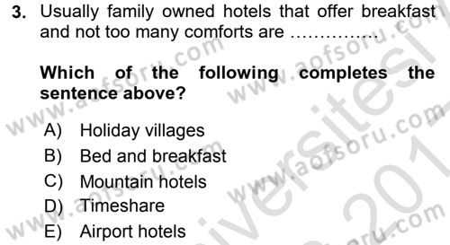 Turizm İçin İngilizce 1 Dersi Ara Sınavı Deneme Sınav Soruları 3. Soru