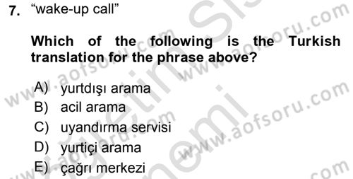Turizm İçin İngilizce 1 Dersi Ara Sınavı Deneme Sınav Soruları 7. Soru