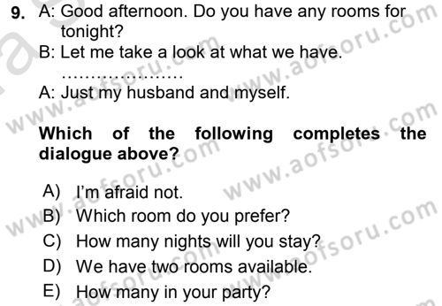 Turizm İçin İngilizce 1 Dersi Ara Sınavı Deneme Sınav Soruları 9. Soru