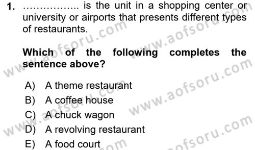Turizm İçin İngilizce 1 Dersi 2016 - 2017 Yılı (Final) Dönem Sonu Sınav Soruları 1. Soru