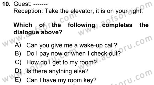 Turizm İçin İngilizce 1 Dersi Ara Sınavı Deneme Sınav Soruları 10. Soru