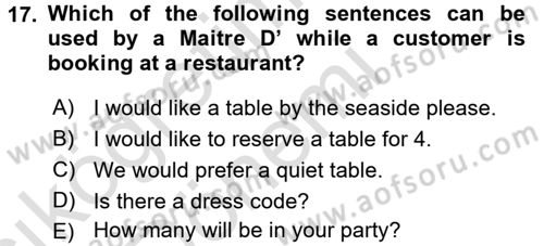 Turizm İçin İngilizce 1 Dersi 2017 - 2018 Yılı (Vize) Ara Sınav Soruları 17. Soru