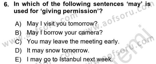 Turizm İçin İngilizce 1 Dersi 2017 - 2018 Yılı (Vize) Ara Sınav Soruları 6. Soru