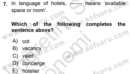 Turizm İçin İngilizce 1 Dersi Ara Sınavı Deneme Sınav Soruları 7. Soru
