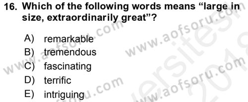 Turizm İçin İngilizce 1 Dersi 2017 - 2018 Yılı (Final) Dönem Sonu Sınav Soruları 16. Soru
