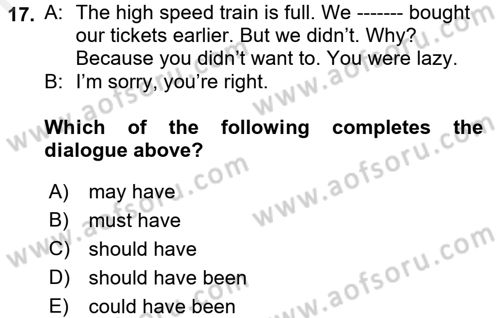 Turizm İçin İngilizce 1 Dersi 2017 - 2018 Yılı (Final) Dönem Sonu Sınav Soruları 17. Soru