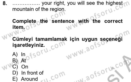 Turizm İçin İngilizce 2 Dersi 2012 - 2013 Yılı (Vize) Ara Sınav Soruları 8. Soru
