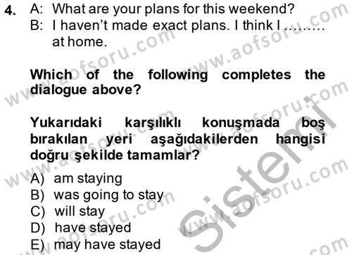 Turizm İçin İngilizce 2 Dersi 2013 - 2014 Yılı (Vize) Ara Sınav Soruları 4. Soru