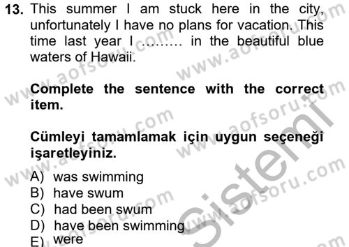 Turizm İçin İngilizce 2 Dersi 2013 - 2014 Yılı (Final) Dönem Sonu Sınav Soruları 13. Soru