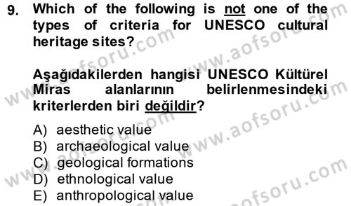 Turizm İçin İngilizce 2 Dersi 2013 - 2014 Yılı (Final) Dönem Sonu Sınav Soruları 9. Soru
