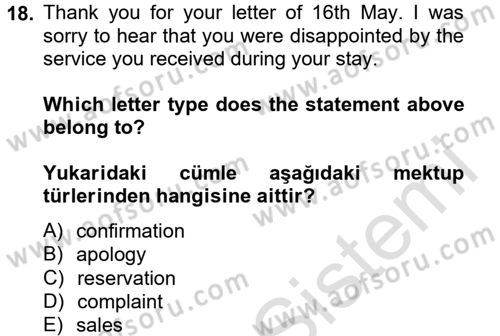 Turizm İçin İngilizce 2 Dersi 2013 - 2014 Yılı Tek Ders Sınav Soruları 18. Soru