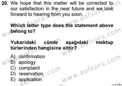 Turizm İçin İngilizce 2 Dersi 2013 - 2014 Yılı Tek Ders Sınav Soruları 20. Soru