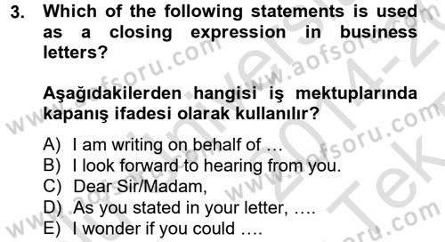 Turizm İçin İngilizce 2 Dersi 2014 - 2015 Yılı Tek Ders Sınav Soruları 3. Soru
