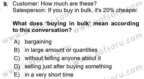 Turizm İçin İngilizce 2 Dersi 2015 - 2016 Yılı (Vize) Ara Sınav Soruları 9. Soru