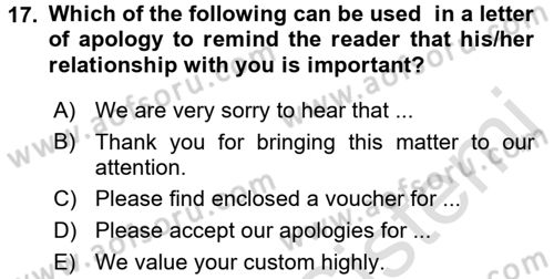 Turizm İçin İngilizce 2 Dersi 2015 - 2016 Yılı (Final) Dönem Sonu Sınav Soruları 17. Soru