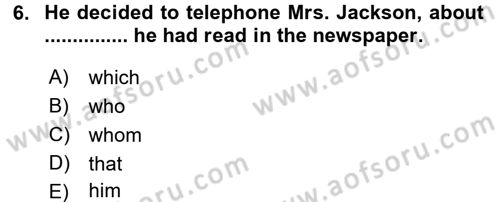 Turizm İçin İngilizce 2 Dersi 2015 - 2016 Yılı (Final) Dönem Sonu Sınav Soruları 6. Soru