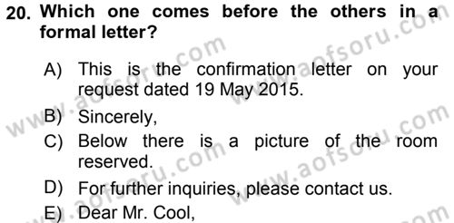 Turizm İçin İngilizce 2 Dersi 2015 - 2016 Yılı Tek Ders Sınav Soruları 20. Soru