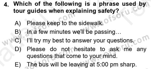 Turizm İçin İngilizce 2 Dersi 2015 - 2016 Yılı Tek Ders Sınav Soruları 4. Soru