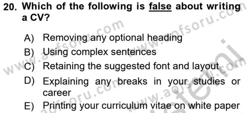 Turizm İçin İngilizce 2 Dersi 2016 - 2017 Yılı 3 Ders Sınav Soruları 20. Soru