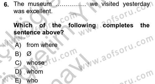 Turizm İçin İngilizce 2 Dersi 2016 - 2017 Yılı 3 Ders Sınav Soruları 6. Soru