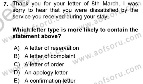 Turizm İçin İngilizce 2 Dersi 2016 - 2017 Yılı 3 Ders Sınav Soruları 7. Soru