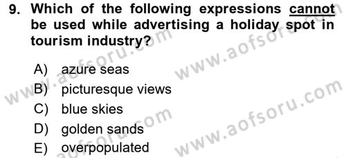 Turizm İçin İngilizce 2 Dersi 2016 - 2017 Yılı 3 Ders Sınav Soruları 9. Soru