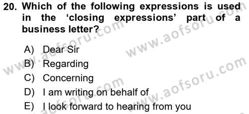 Turizm İçin İngilizce 2 Dersi 2016 - 2017 Yılı (Final) Dönem Sonu Sınav Soruları 20. Soru