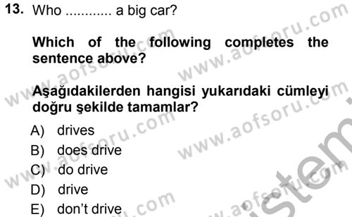 Ingilizce 1 Dersi 2012 - 2013 Yılı (Vize) Ara Sınav Soruları 13. Soru