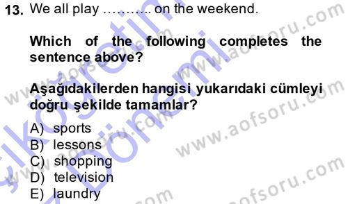 Ingilizce 1 Dersi 2014 - 2015 Yılı (Vize) Ara Sınav Soruları 13. Soru