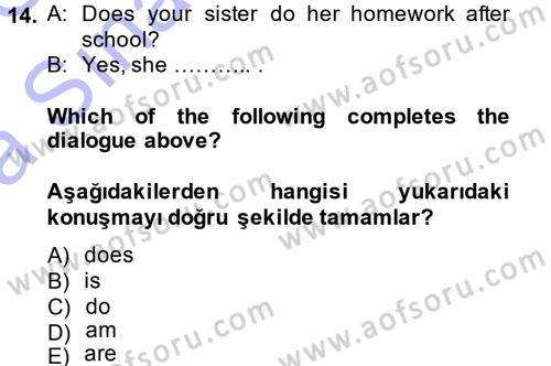 Ingilizce 1 Dersi 2014 - 2015 Yılı (Vize) Ara Sınav Soruları 14. Soru