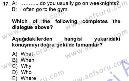 Ingilizce 1 Dersi 2014 - 2015 Yılı (Vize) Ara Sınav Soruları 17. Soru