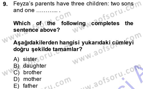 Ingilizce 1 Dersi 2014 - 2015 Yılı (Vize) Ara Sınav Soruları 9. Soru