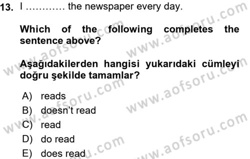Ingilizce 1 Dersi 2015 - 2016 Yılı (Vize) Ara Sınavı 13. Soru