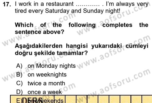 Ingilizce 1 Dersi 2015 - 2016 Yılı (Vize) Ara Sınavı 17. Soru