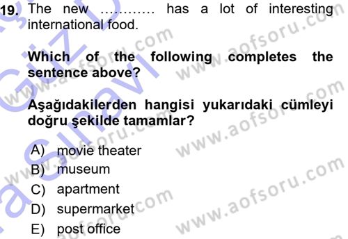 Ingilizce 1 Dersi 2015 - 2016 Yılı (Vize) Ara Sınavı 19. Soru