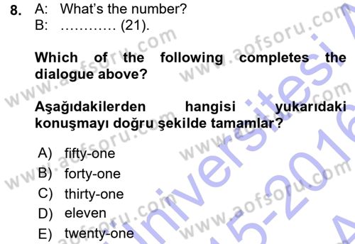 Ingilizce 1 Dersi 2015 - 2016 Yılı (Vize) Ara Sınavı 8. Soru