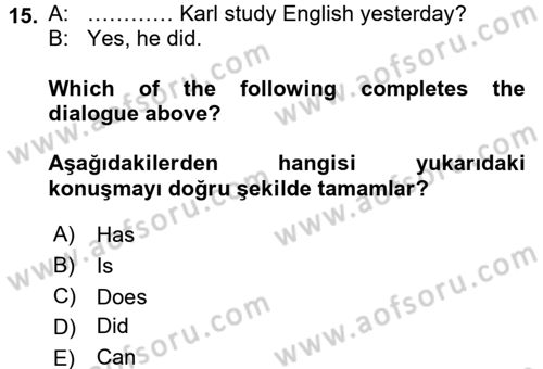 Ingilizce 1 Dersi 2015 - 2016 Yılı (Final) Dönem Sonu Sınavı 15. Soru