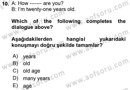 Ingilizce 1 Dersi 2017 - 2018 Yılı (Vize) Ara Sınavı 10. Soru