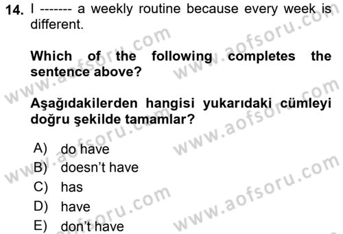 Ingilizce 1 Dersi 2017 - 2018 Yılı (Vize) Ara Sınavı 14. Soru