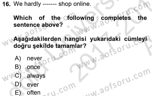 Ingilizce 1 Dersi 2017 - 2018 Yılı (Vize) Ara Sınavı 16. Soru