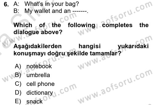 Ingilizce 1 Dersi 2017 - 2018 Yılı (Vize) Ara Sınavı 6. Soru