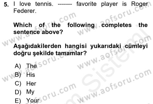 Ingilizce 1 Dersi 2017 - 2018 Yılı (Final) Dönem Sonu Sınavı 5. Soru