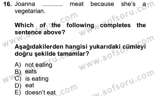 İngilizce 2 Dersi 2012 - 2013 Yılı (Vize) Ara Sınav Soruları 16. Soru