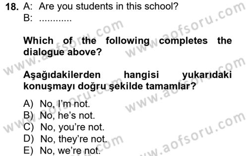 İngilizce 2 Dersi 2012 - 2013 Yılı (Vize) Ara Sınav Soruları 18. Soru